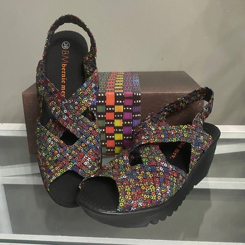 Bernie Mev Brighten Dazzle Multi Color Woven Wedge Sandals 8 Memory Foam